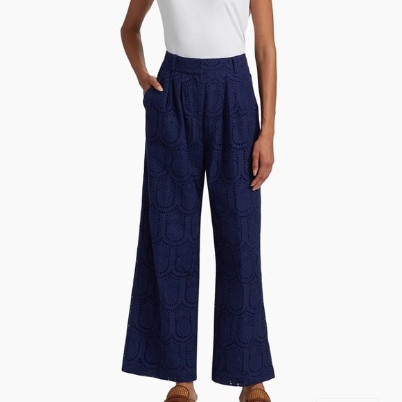 FARM Rio Pants - Farm Rio Pineapple Eyelet Wide Leg Pants Navy Lined Women XS Vacation Resortwear
